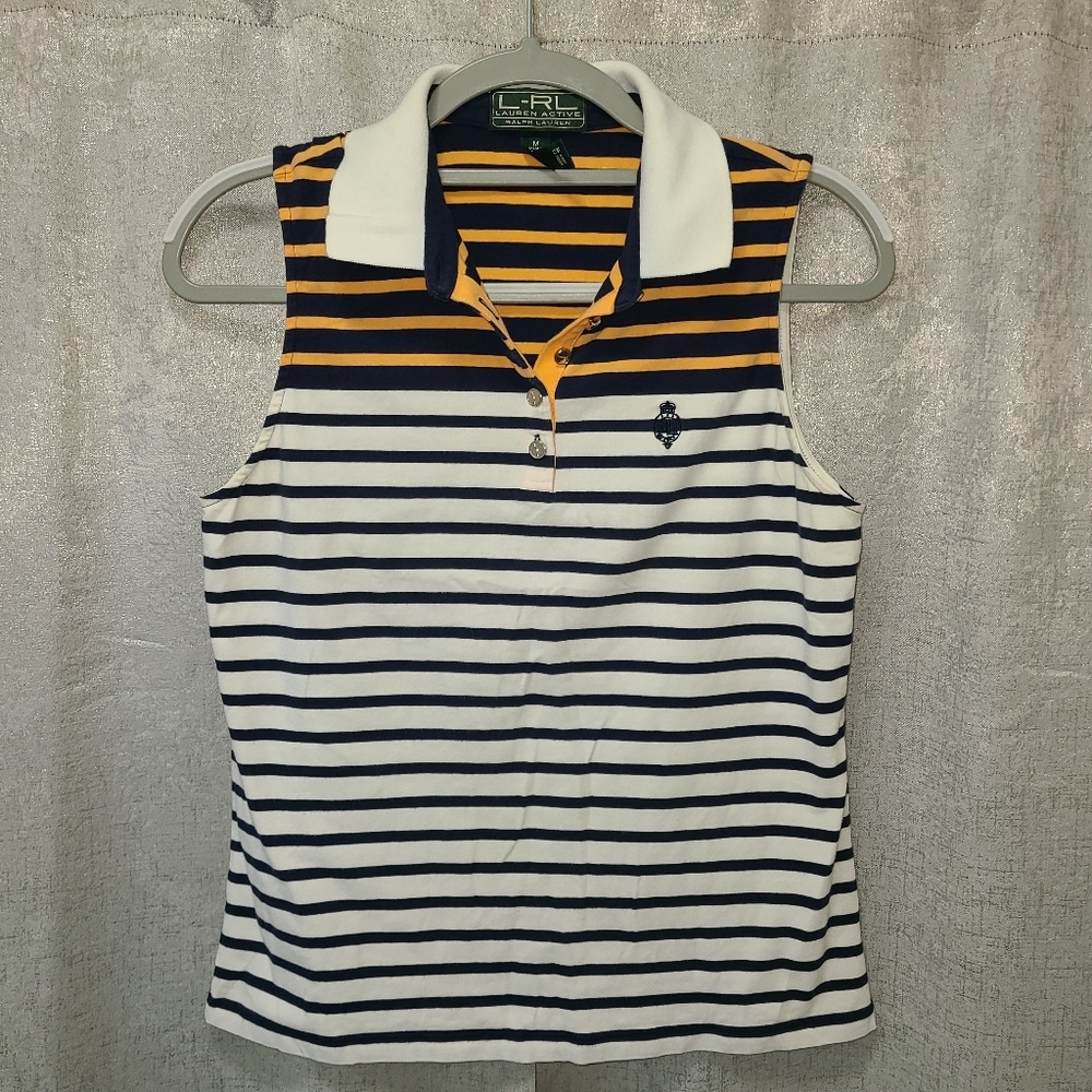 Lauren Ralph Lauren Navy and Orange Striped Sleeveless Polo Top Size M